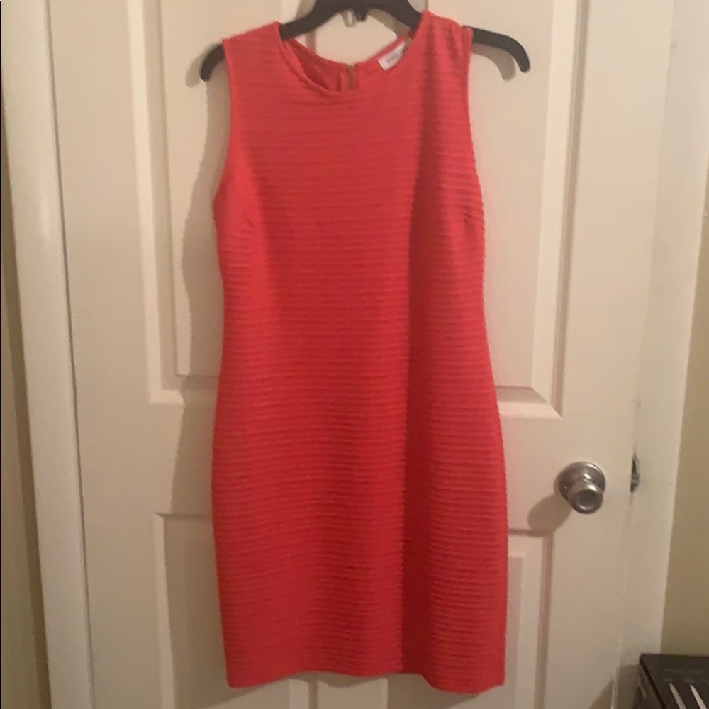 Coral Calvin Klein dress with gold zipper